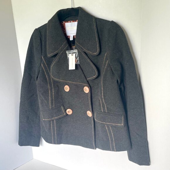 Anthropologie Jacket Peacoat Womens 2 Gray Cropped Blazer Contrast Trim Relaxed - Picture 4 of 13